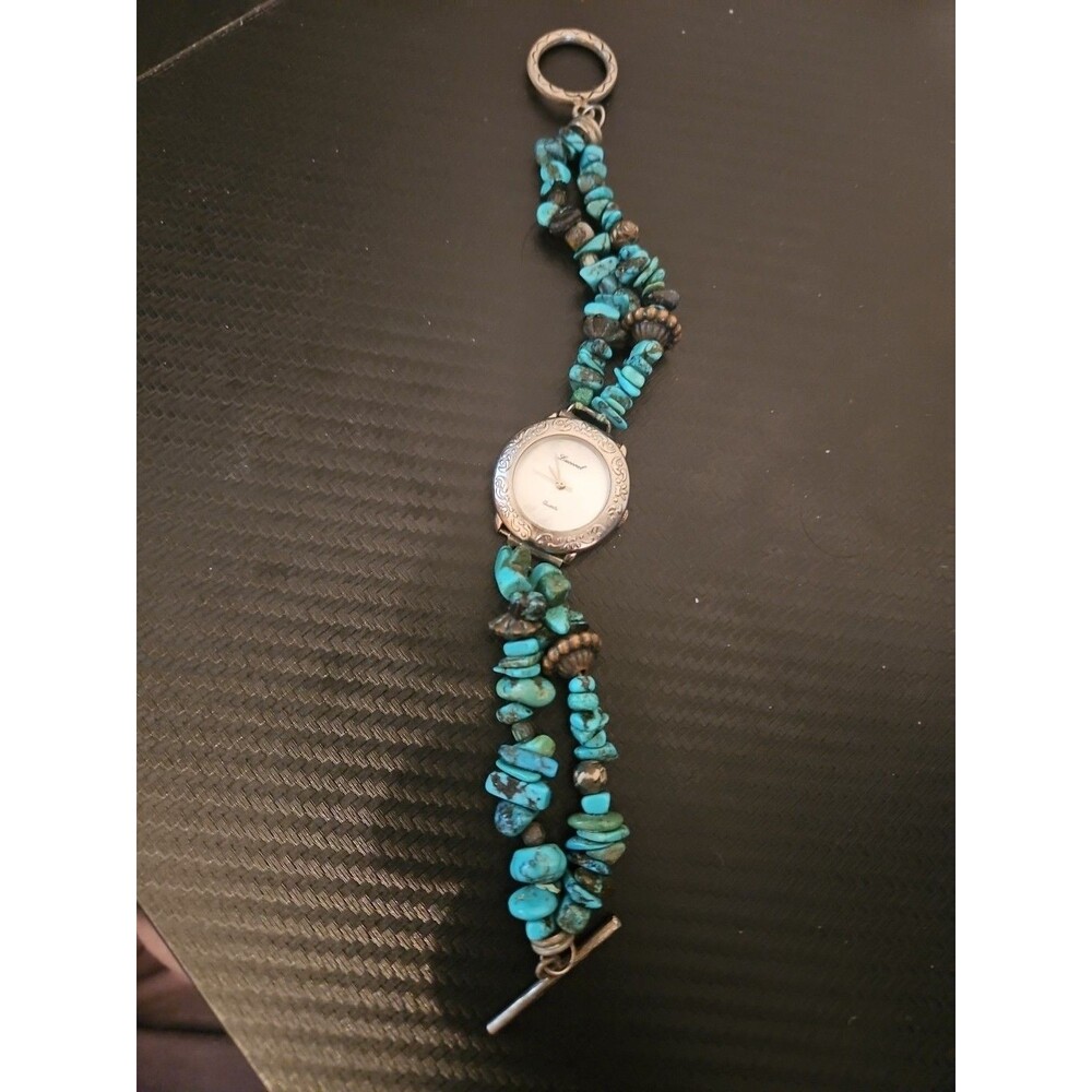 Vintage Lucoral Turquoise Chip Band Mother Of Pearl Dial Watch New Battery